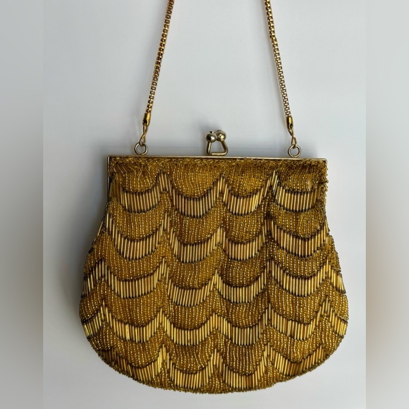Vintage Walborg Gold Beaded Evening Bag 1950s Scallop Clutch Art Deco - Picture 6 of 6